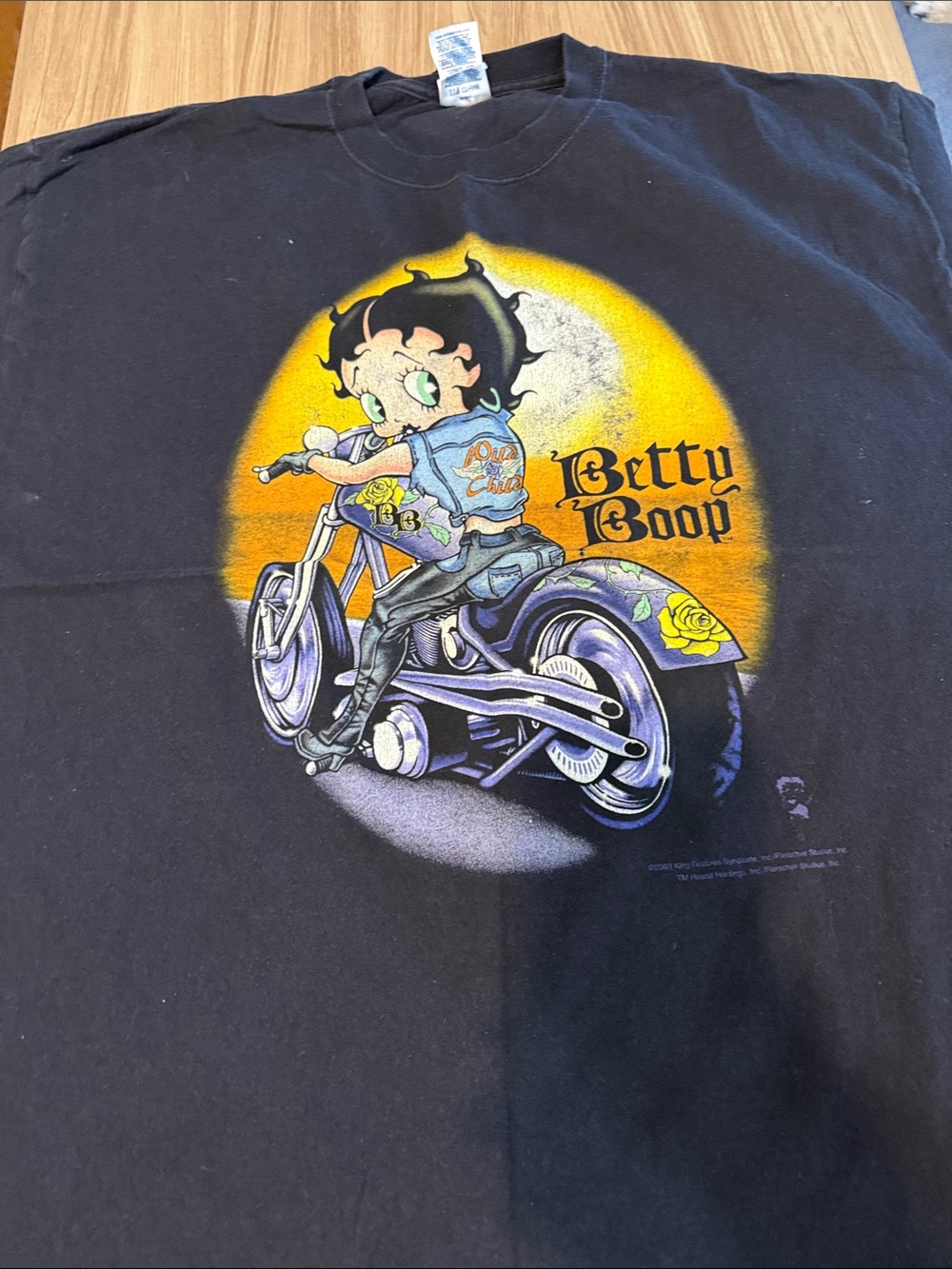 Betty Boop Black Tee with Yellow & Purple Motorcycle Graphic